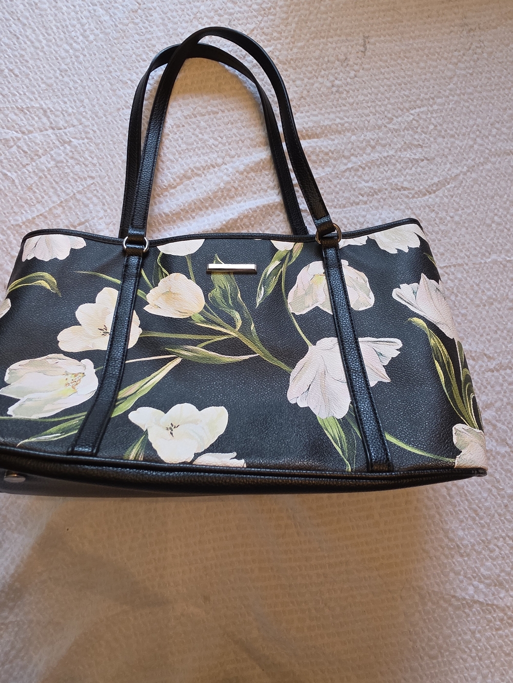 Dana Buchman Black Floral Shoulder Tote with White Flowers